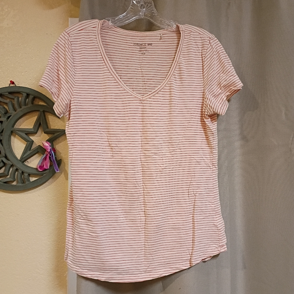 Toad&Co Red White Stiped V-neck T-shirt M
